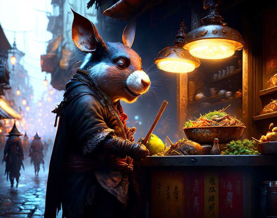 Anthropomorphic rabbit in traditional attire at vibrant street food stall