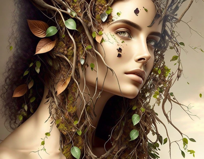 Digital artwork: Woman with tree branches & leaves in hair, symbolizing nature connection.