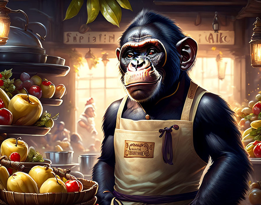 Chimpanzee in apron at fruit market with fresh produce shelves