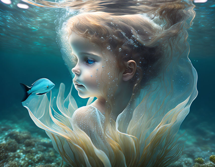 Young girl in mystical underwater scene with fish and flowing hair