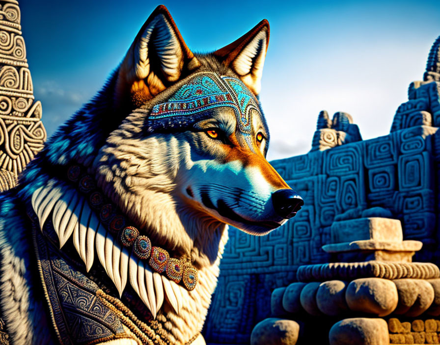 Stately wolf with tribal design in ancient temple setting