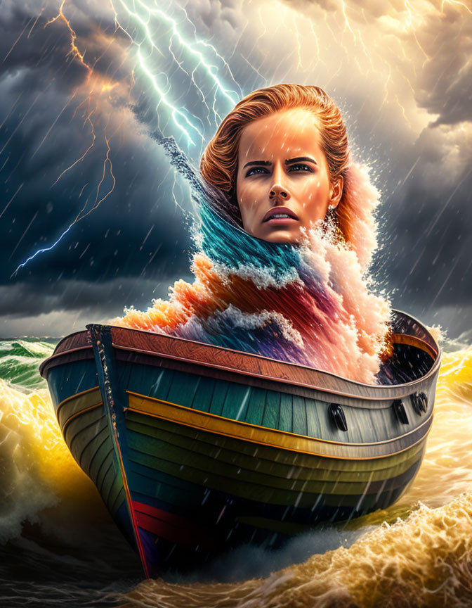 Digital artwork: Woman's face merges with ocean waves, boat, stormy sky.