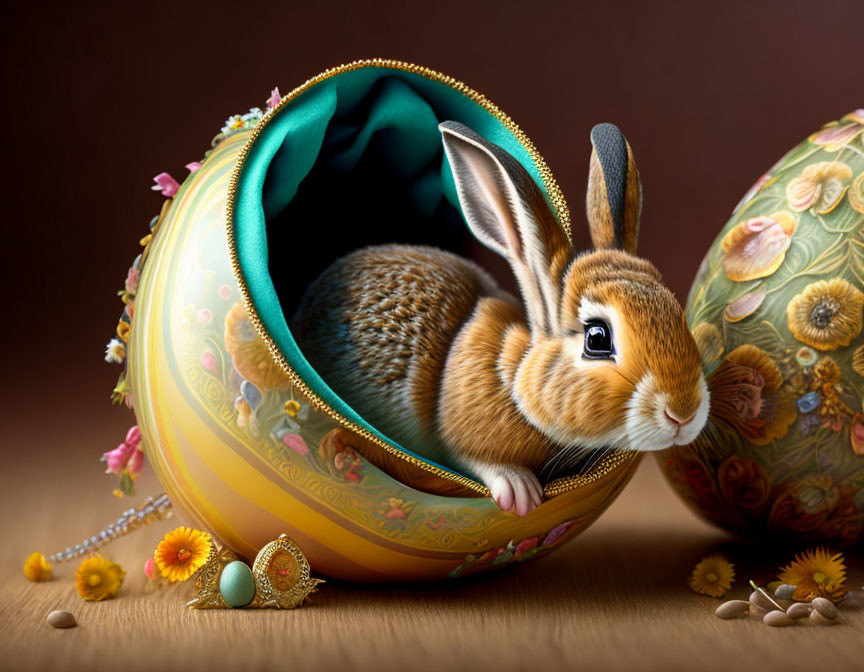 Rabbit inside decorative open Fabergé egg on warm brown background