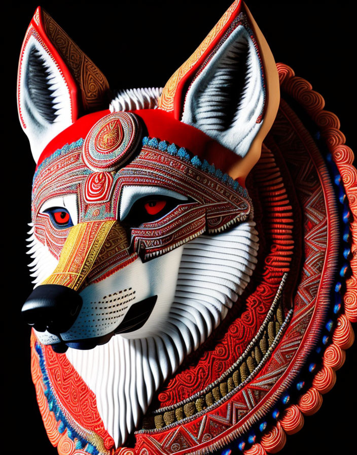 Vibrant Wolf Head Sculpture with Intricate Patterns