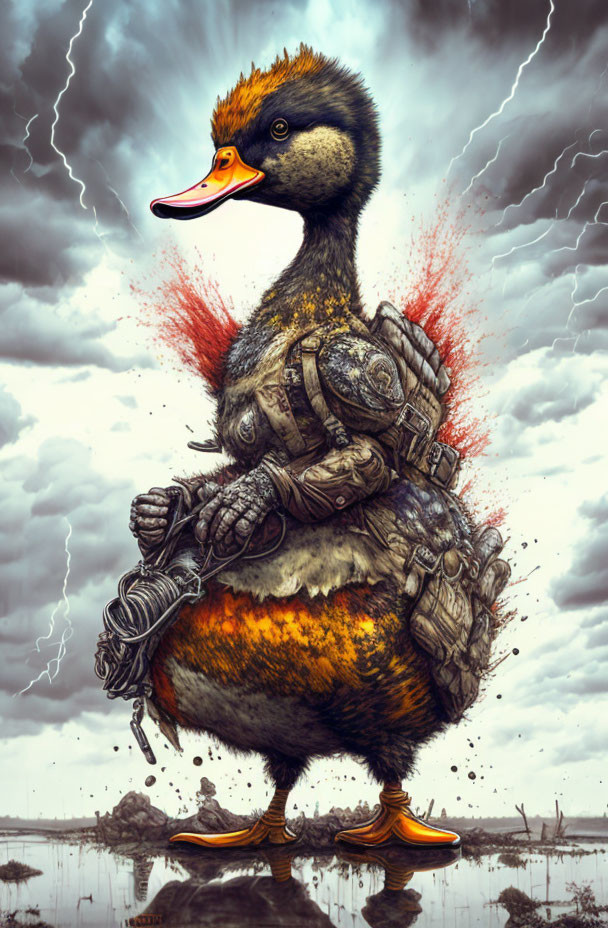 Futuristic battle armor duck in stormy backdrop