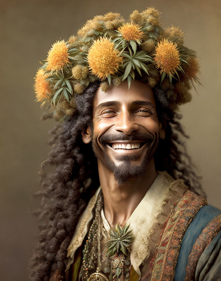 Man with Cannabis Wreath and Vintage Vest Portrait