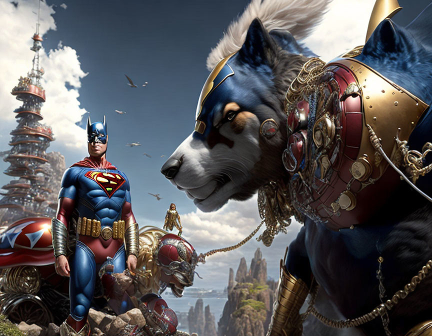 Fantasy digital artwork: Armored dog with Batman and Superman in cityscape