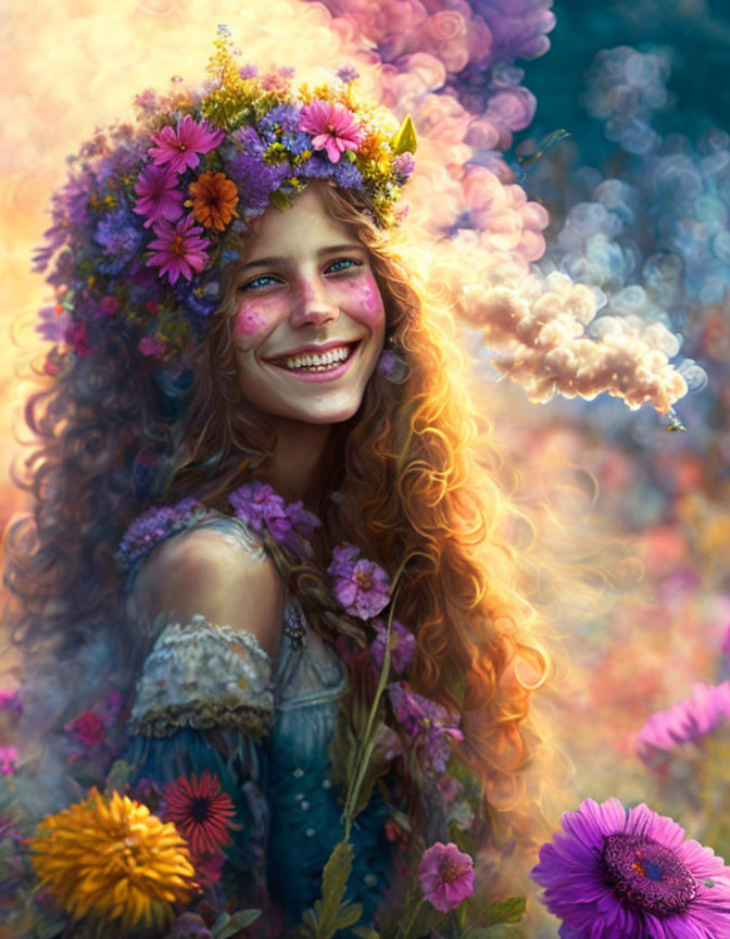 Joyful woman in floral crown smiles in colorful setting with whimsical clouds.