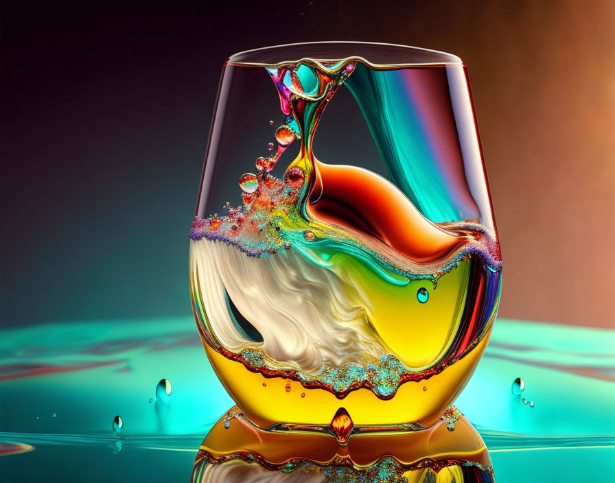 Colorful liquid splashing in glass against vibrant background