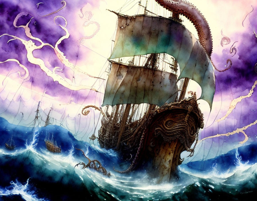 Majestic Ship in Stormy Seas with Sea Creature Tentacles