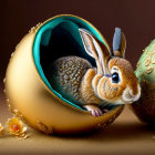 Rabbit inside decorative open Fabergé egg on warm brown background