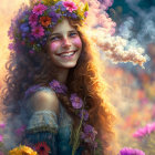 Joyful woman in floral crown smiles in colorful setting with whimsical clouds.