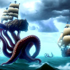 Giant Octopus Attacks Ships in Stormy Sea