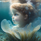 Young girl in mystical underwater scene with fish and flowing hair