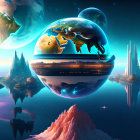 Multiple Earths and fantastical structures in vibrant sci-fi landscape