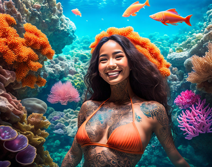 Smiling woman with tattoos swimming near vibrant coral reefs and tropical fish underwater