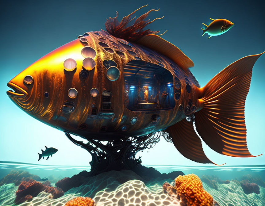 Vibrant coral reef underwater habitat with fish-shaped design