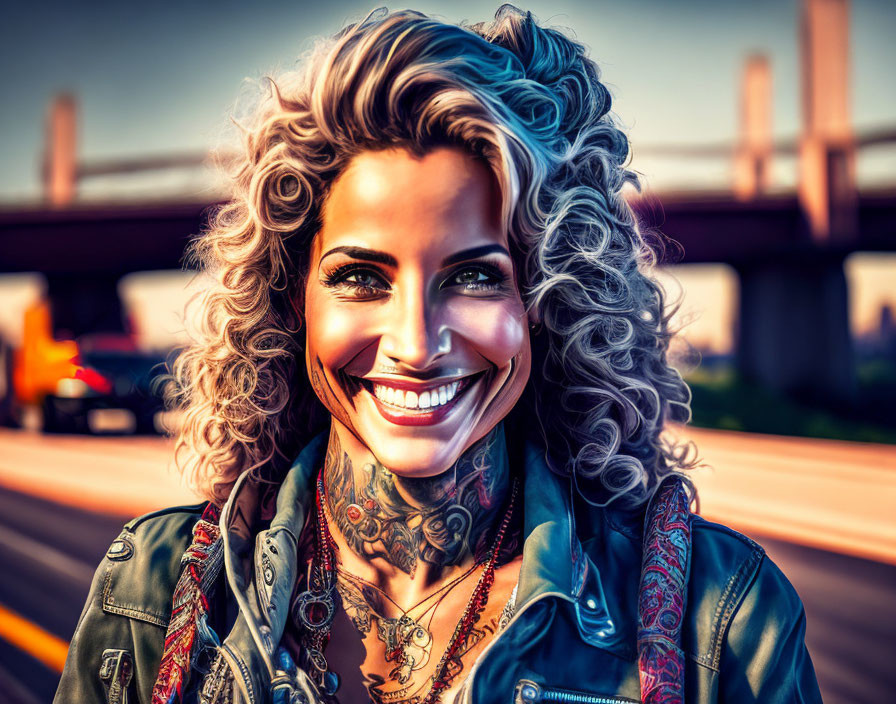 Curly Haired Woman with Tattoos in Jacket, Bridge and Cars Background