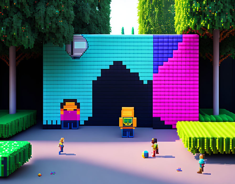 Vibrant 3D pixel art scene with arcade machine, characters, and trees