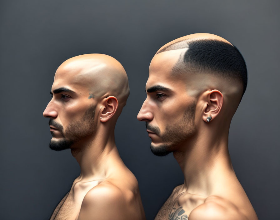 Two men with shaved heads and different facial hair styles back-to-back on grey background