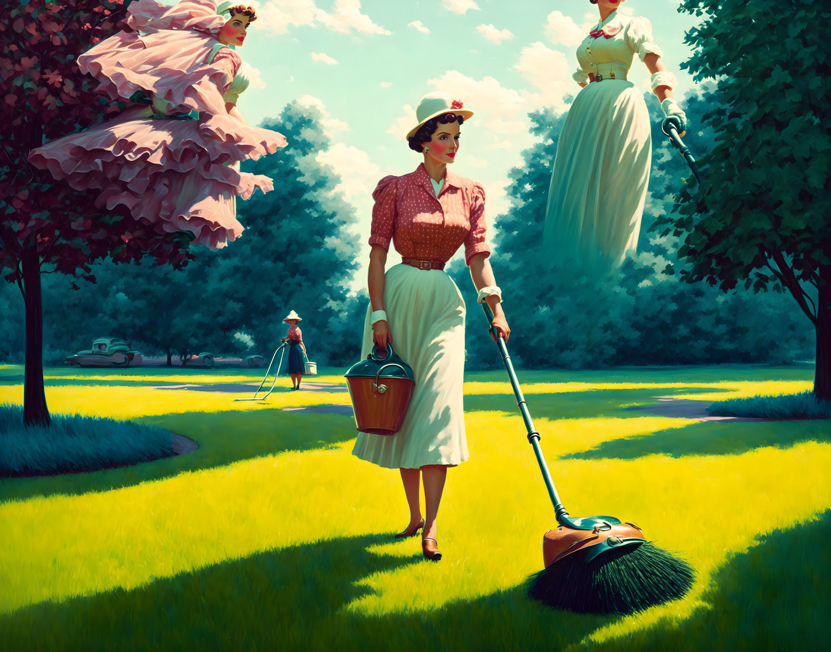 Vintage-style painting of three women doing yard work with oversized tools and a man on a small ladder.