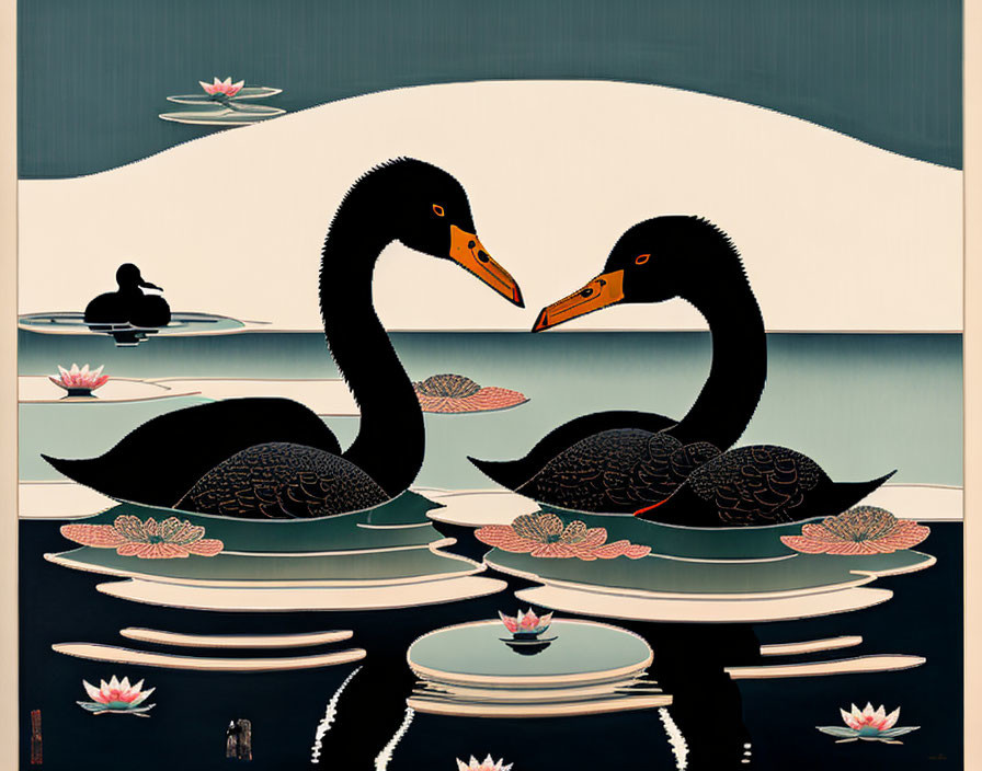 Tranquil pond scene: black swans with intertwined necks, water lilies, and serene