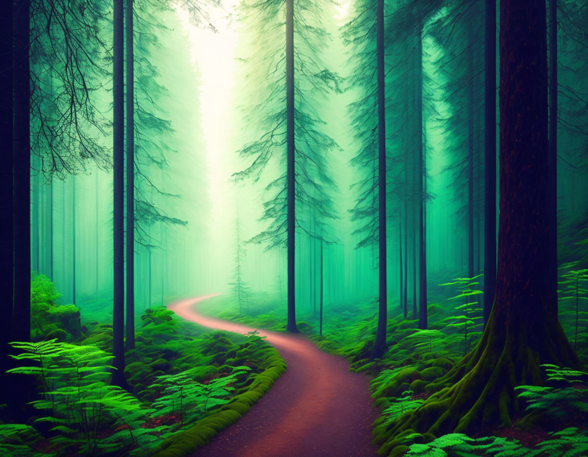 Mystical forest path with vibrant green foliage