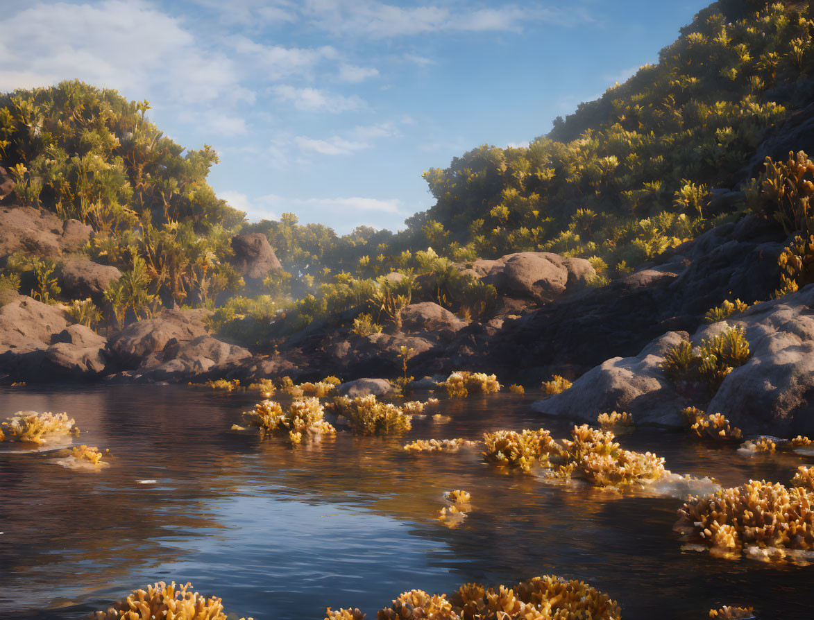 Tranquil river scene with lush vegetation and clear blue sky