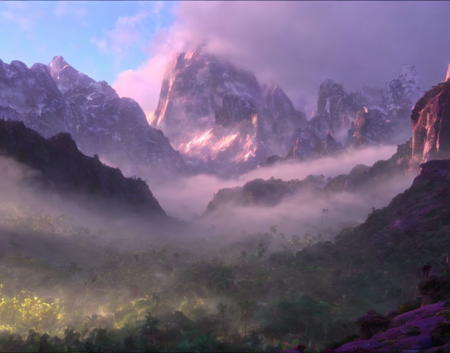 Mystical landscape with fog-shrouded mountains and lush forest