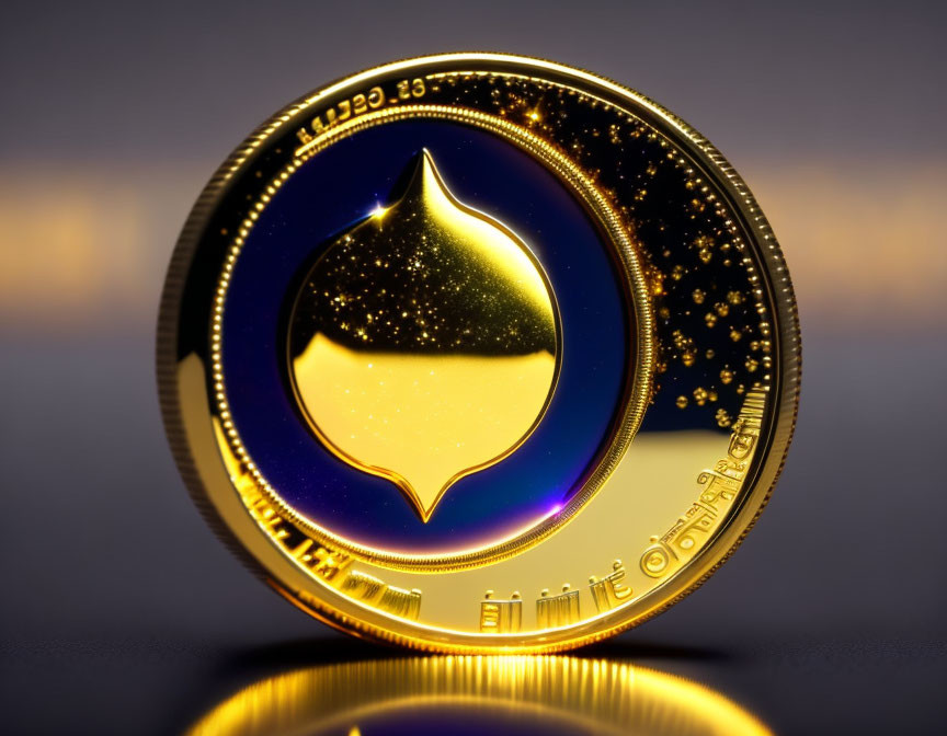 Golden Commemorative Coin with Blue and Black Design on Reflective Surface