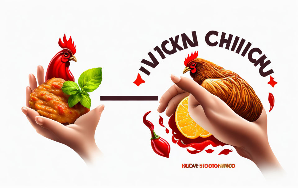 Vibrant illustration of hands holding chili and lemon with rooster and text "KICKIN CH