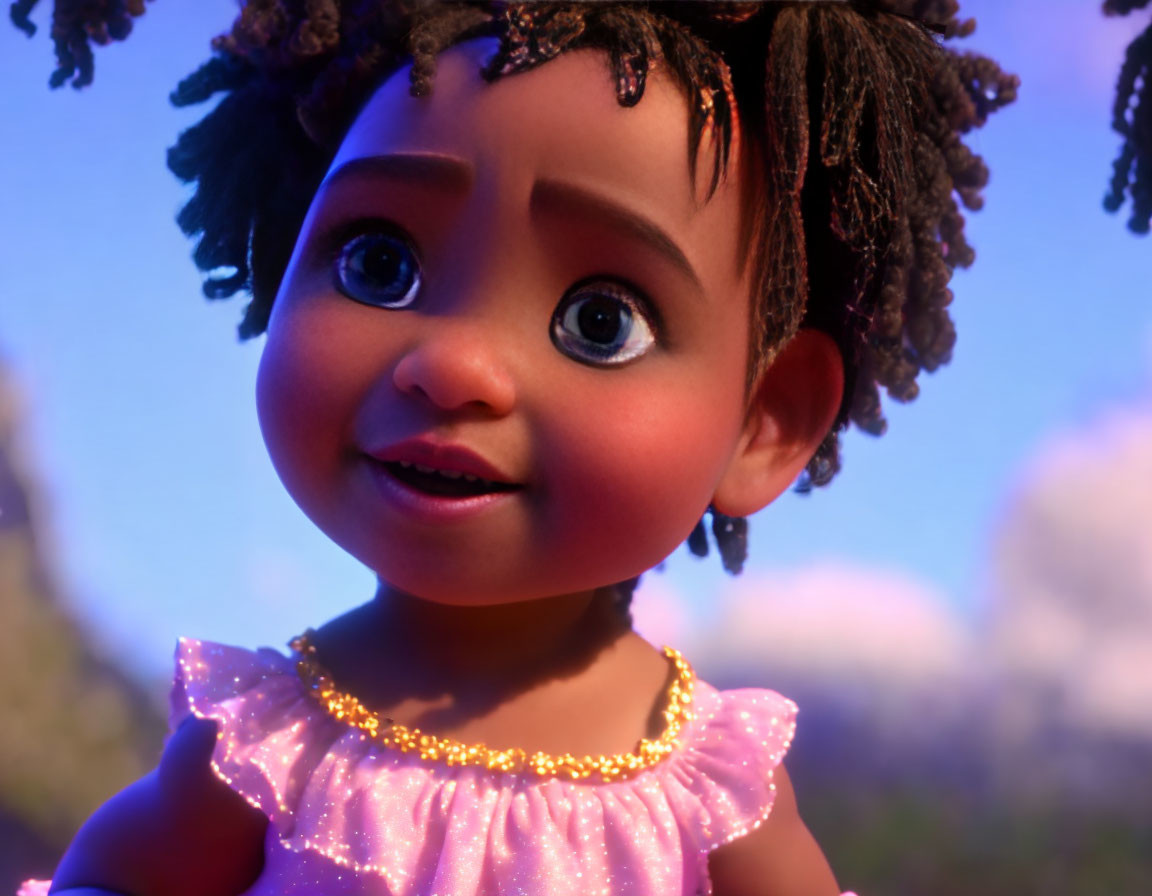 Bright-eyed animated toddler in pink dress with curly hair.