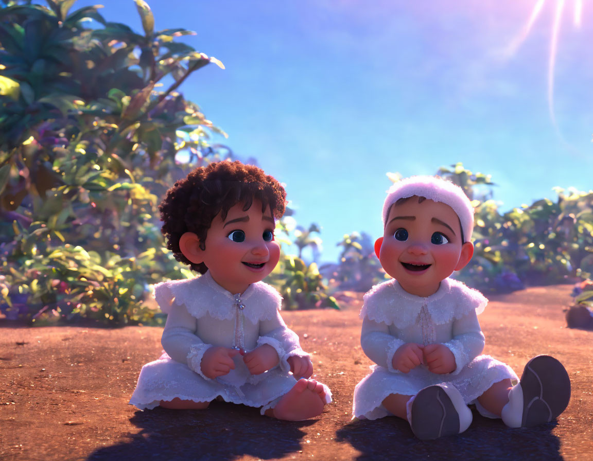 Two babies in white outfits with flowers, sitting outdoors in sunlight