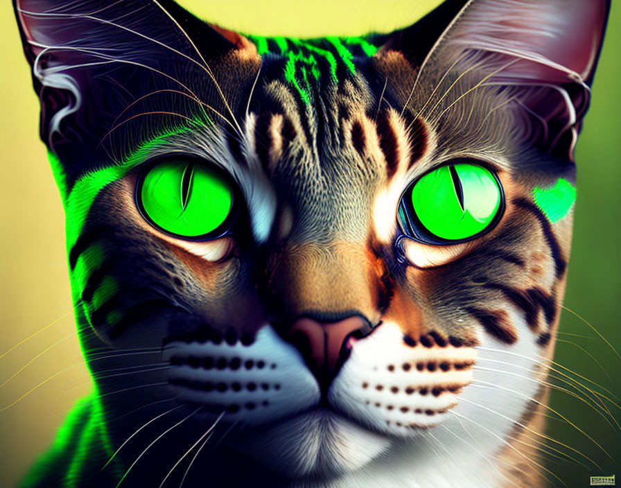 Colorful Digital Art: Cat with Green Eyes and Intricate Fur Patterns on Yellow-Green Gradient