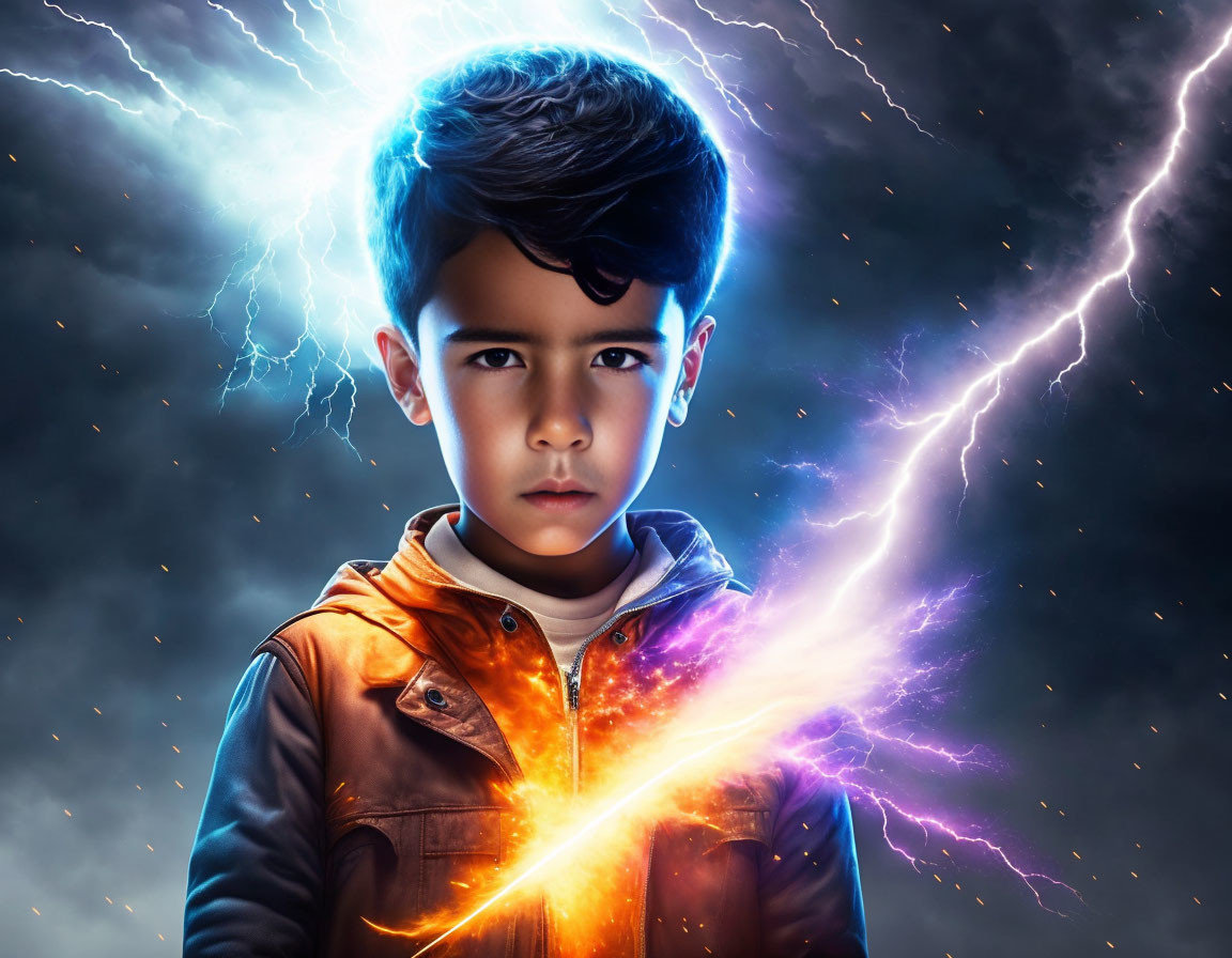 Serious young boy holding glowing power with lightning bolts in background