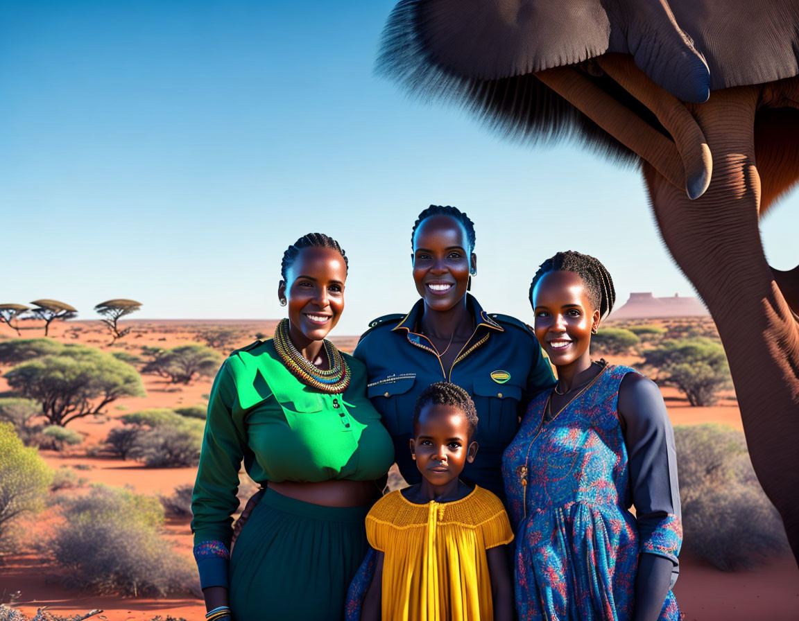 Family of Four in Colorful Attire Smiling in Sunlit Desert with Elephant Trunk Close-Up