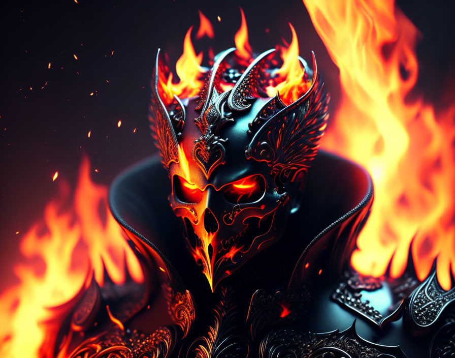 Dark Armor Helmet with Ornate Patterns Engulfed in Glowing Flames