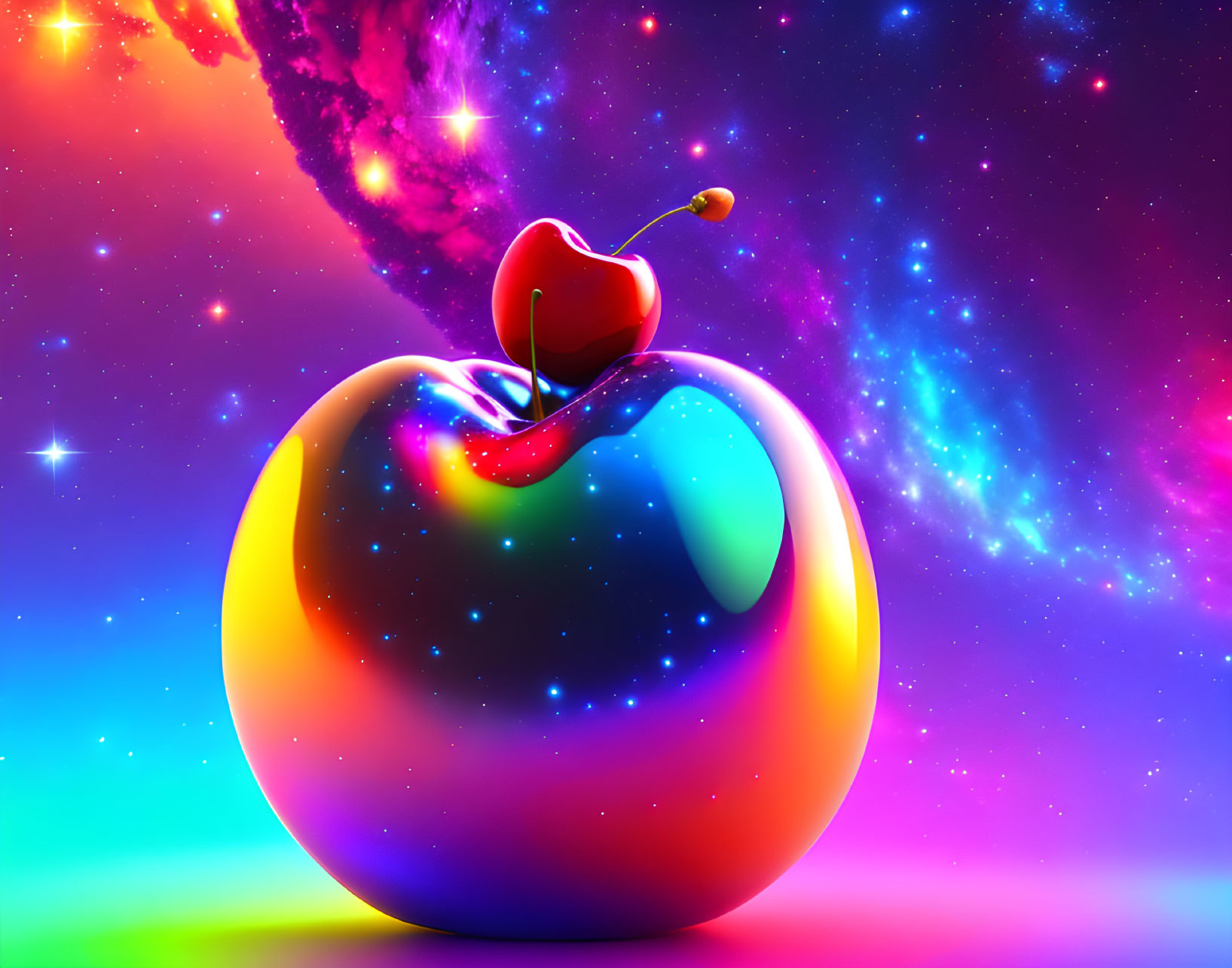 Colorful surreal apple with cherry on vibrant space background