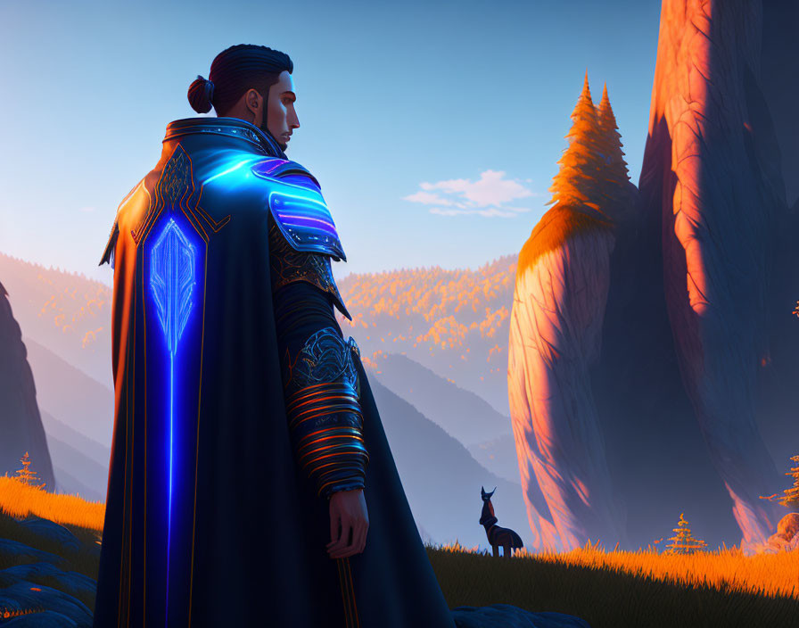 Futuristic male figure in cloak gazes at distant creature in vivid landscape