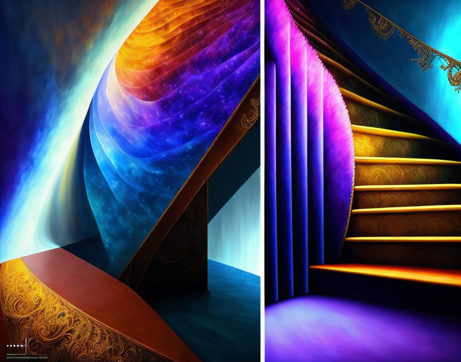 Surreal artwork: cosmic galaxy meets luxurious staircase in vivid blue and purple hues