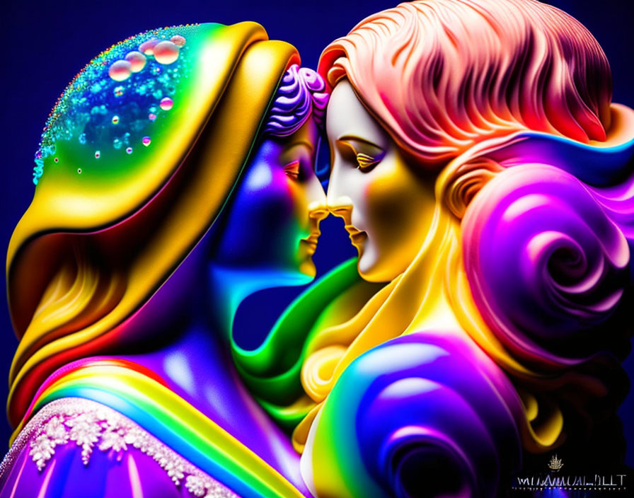 Colorful, intricate figures in close embrace