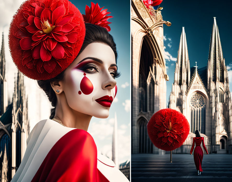 Woman with artistic makeup and red hat next to person walking to Gothic cathedral under blue sky