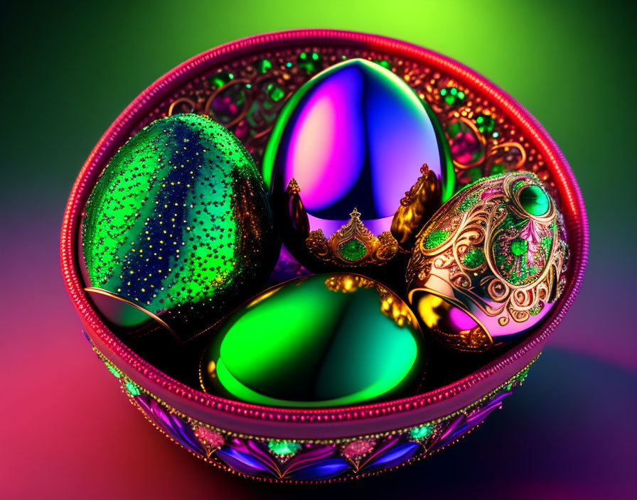 Colorful digital art: ornate jewel-encrusted eggs in a bowl