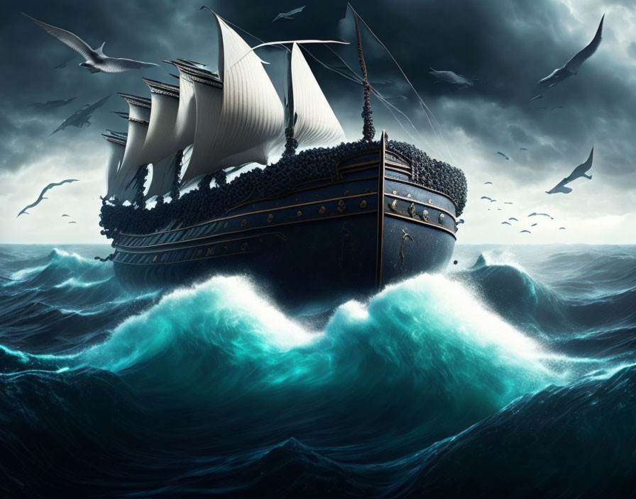 Digital artwork: Old sailing ship in stormy seas with seagulls under dramatic sky