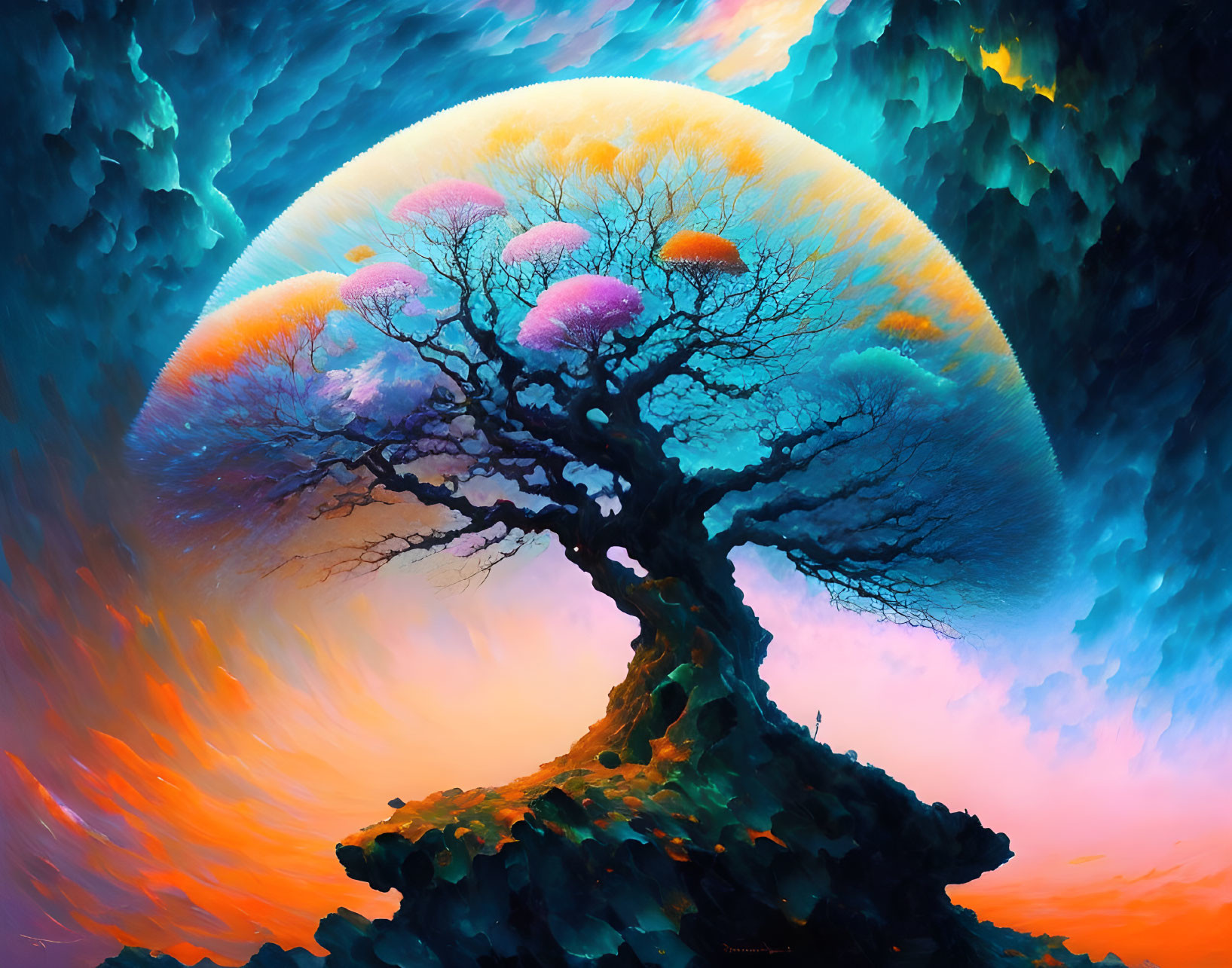 Colorful digital artwork: Tree with luminous canopy under swirling sky