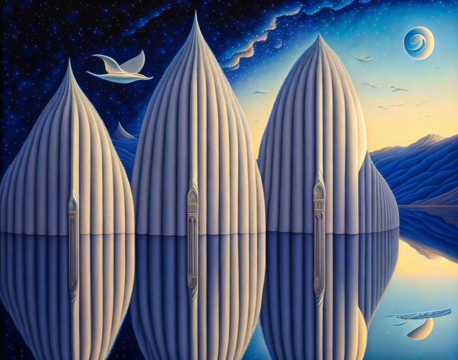 Surreal artwork: Three elongated blimp structures in a starry night sky