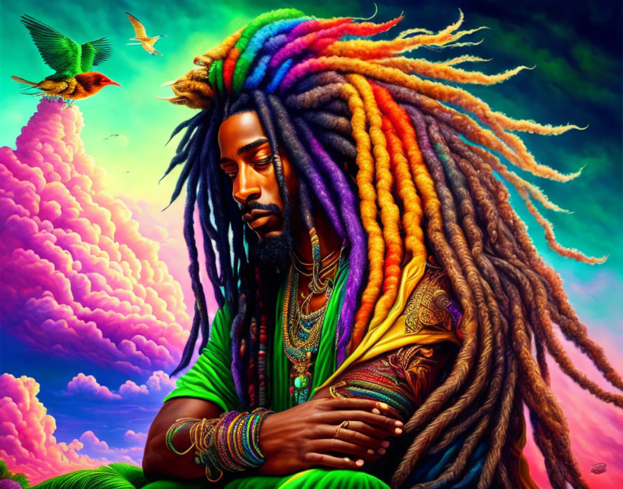 Colorful dreadlocks meditation in surreal landscape with hummingbird