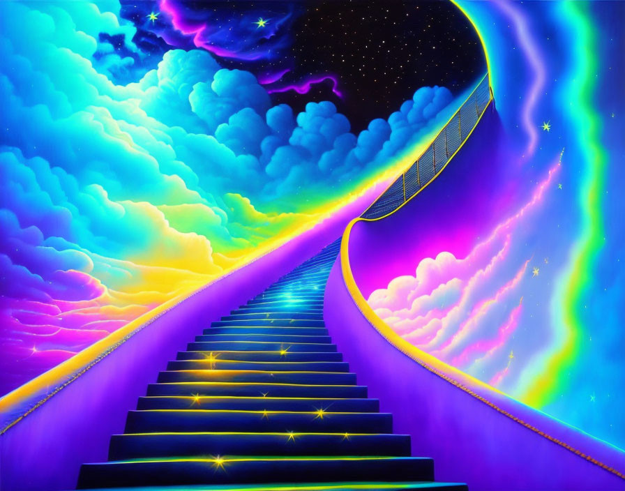 Colorful Staircase Ascending to Cosmic Sky with Stars and Galaxies