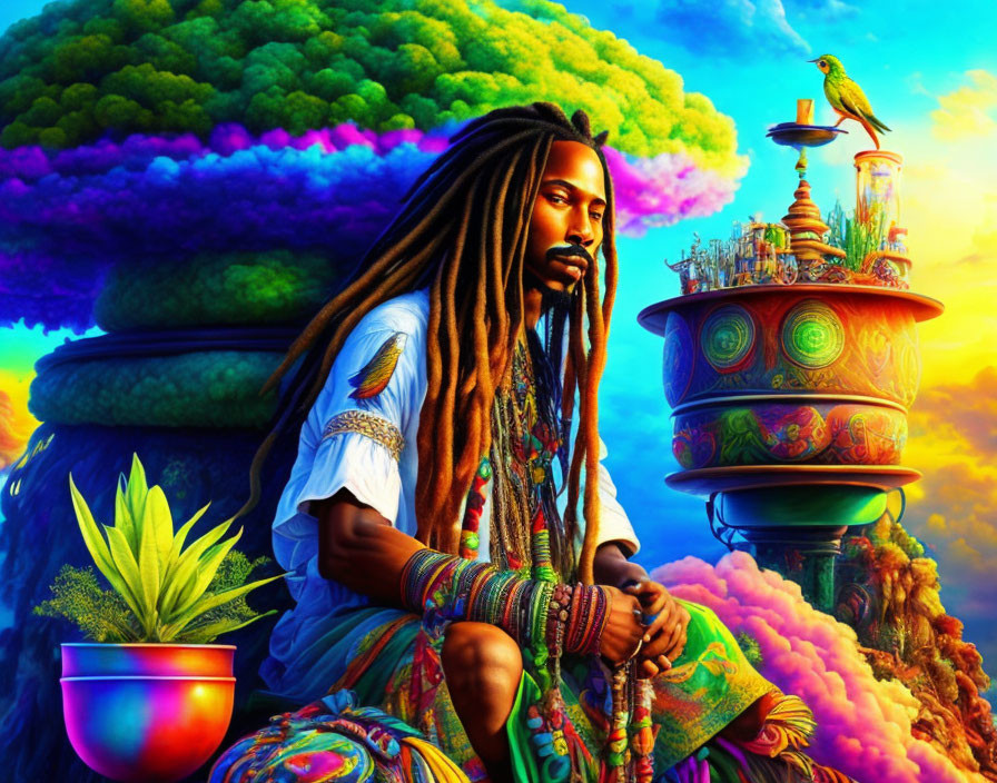 Colorful image of person with dreadlocks by pot, whimsical tree & cityscape background