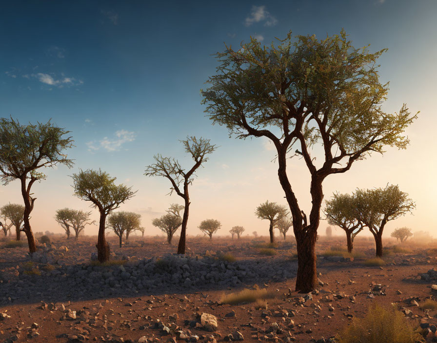 Rocky desert landscape with sparse trees at sunrise or sunset